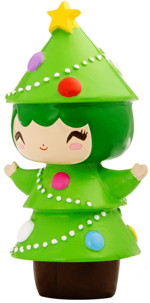 Noelle Momiji doll dressed as a Christmas tree, with festive green outfit and red accents, ready to hide your secret message. — Momiji Doll
