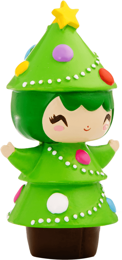 Noelle Momiji doll: Smiling girl dressed as a green Christmas tree with red, gold, and white accents. Secret message inside. — Momiji Doll
