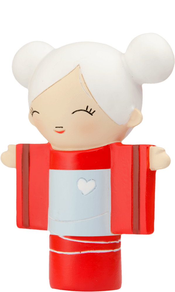 Blanche Momiji doll with a big smile, white hair in two buns, and a white heart on her dress—cute collectible character. — Momiji Doll