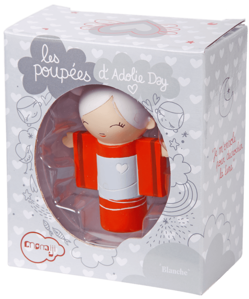 Blanche Momiji doll with white hair, red outfit, in a heart-themed box labeled les poupées d’Adolie Day. Collectible kawaii figure. — Momiji Doll