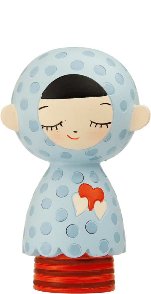 Douce Momiji doll with closed eyes, wearing a blue polka-dot outfit and holding a red heart, standing on a red base. — Momiji Doll
