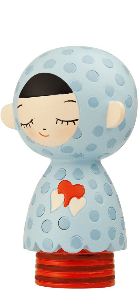 Douce Momiji doll with closed eyes, blue polka-dot hood, and a small red heart detail. — Momiji Doll