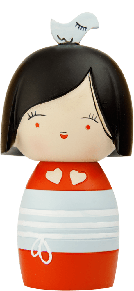 Piou Chou Momiji doll has short black hair, a red dress with a heart, and a cute blue bird perched on its head. — Momiji Doll
