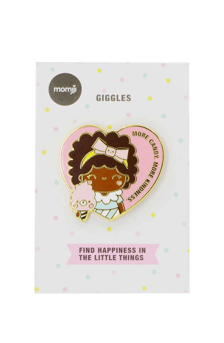 Giggles Momiji doll enamel pin: curly-haired character holding pink cotton candy, card says “Find Giggles in the little things.”. — Momiji Doll
