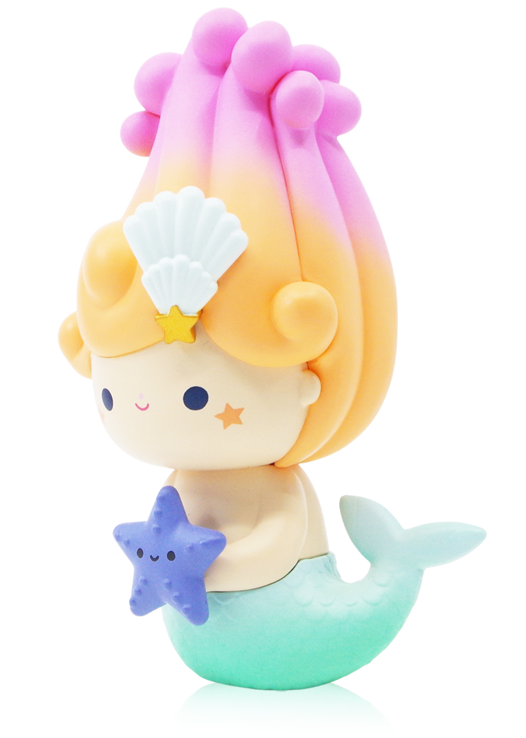 Mizu Momiji doll, a 3" vinyl mermaid with pastel hair, shell and starfish accents, holding a smiling purple star. — Momiji Doll