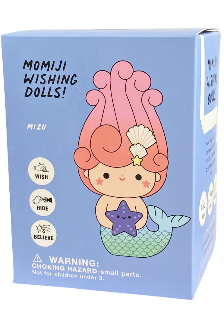 A blue box with a pink-haired Momiji doll mermaid holding a starfish, labeled Mizu 3" Vinyl Doll! Wishing Paper. — Momiji Doll