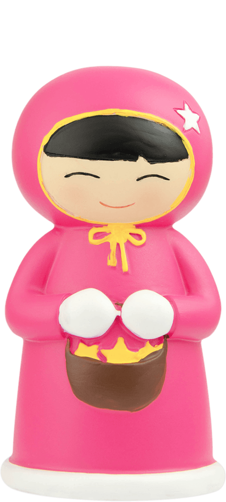 Twinkle Momiji doll is pink with a hood, white mittens, smiling face, holding a brown basket filled with yellow stars. — Momiji Doll