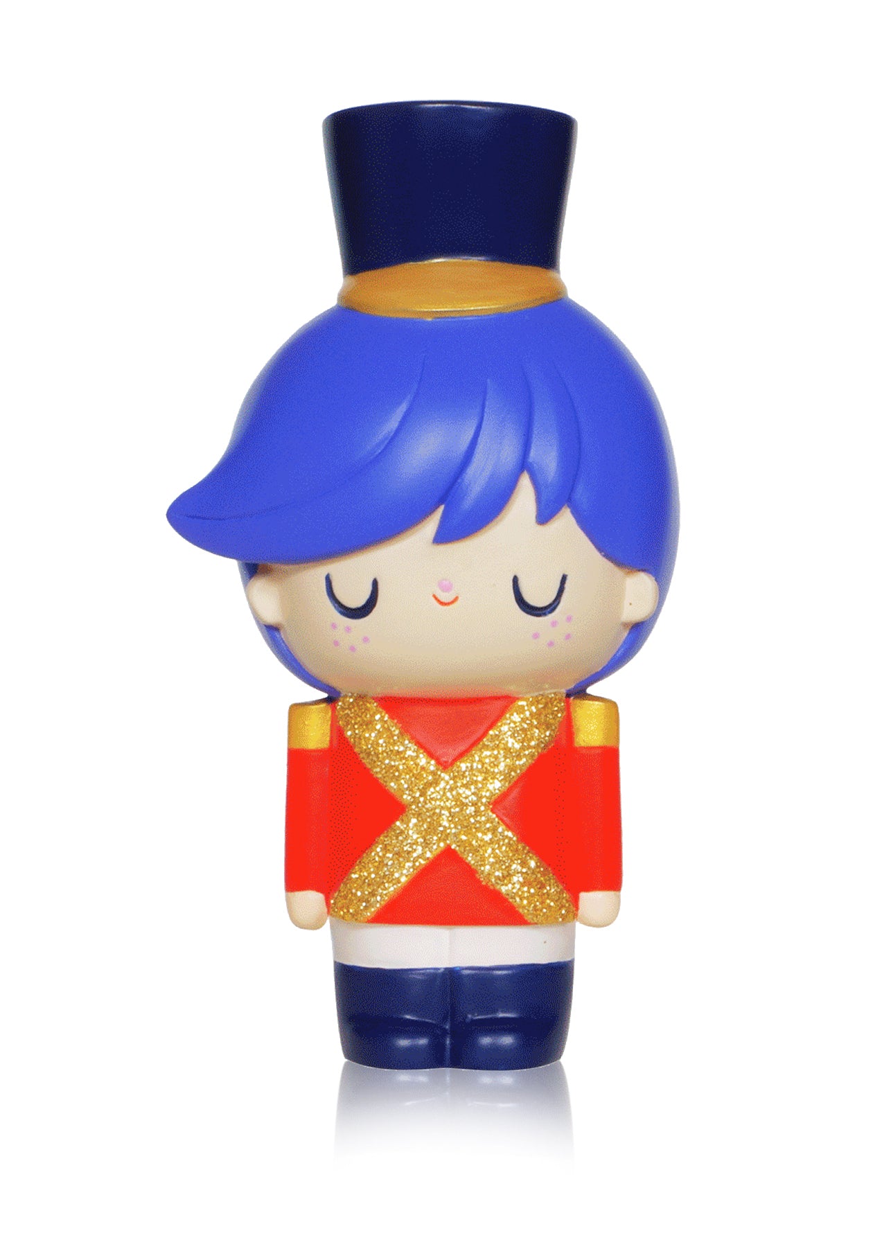 Momiji doll Nutcracker has blue hair, a red uniform, gold X accents, festive for holiday display; message compartment inside. — Momiji Doll