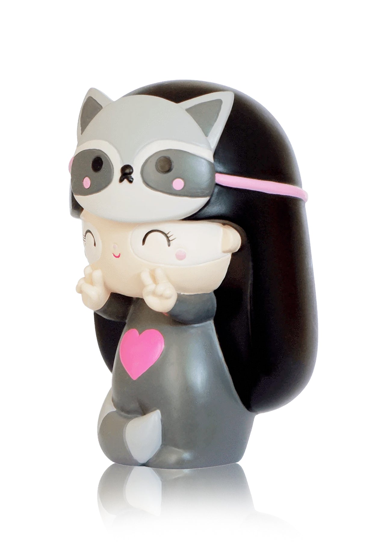 Rebel Momiji doll: girl in gray cat costume, pink heart detail, flashing peace sign. Cute collectible with a hidden message inside. — Momiji Doll