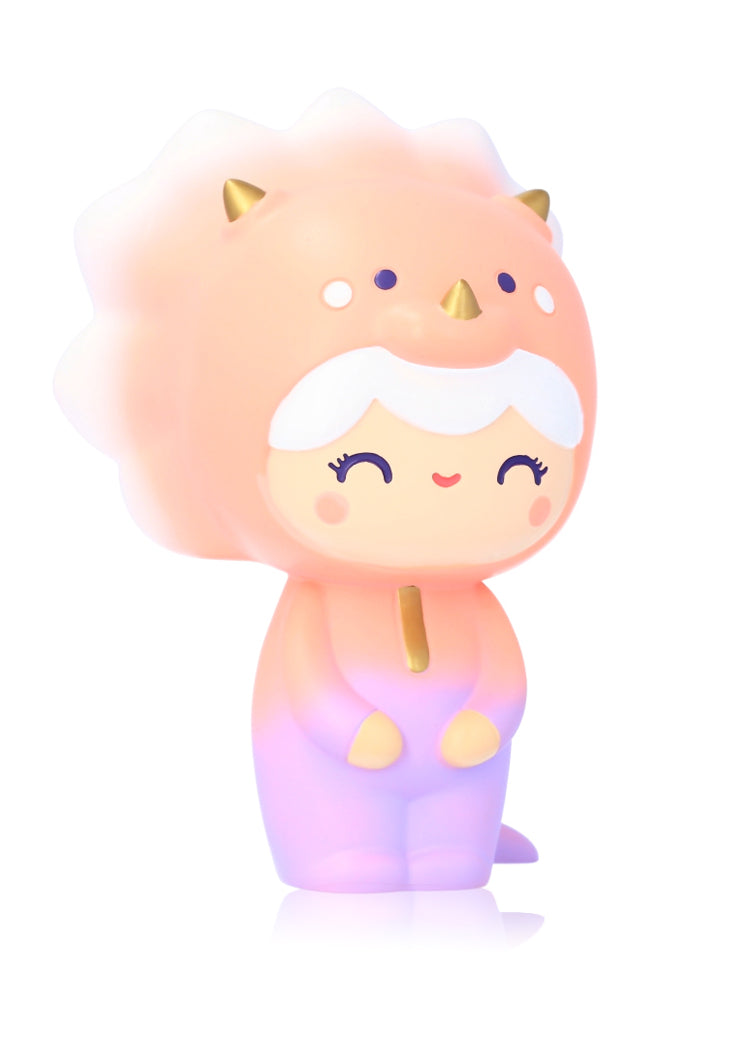 Roarsome Momiji doll with peach dino hood, gold horns, white hair, and a big smile; kawaii collectible surprise inside. — Momiji Doll