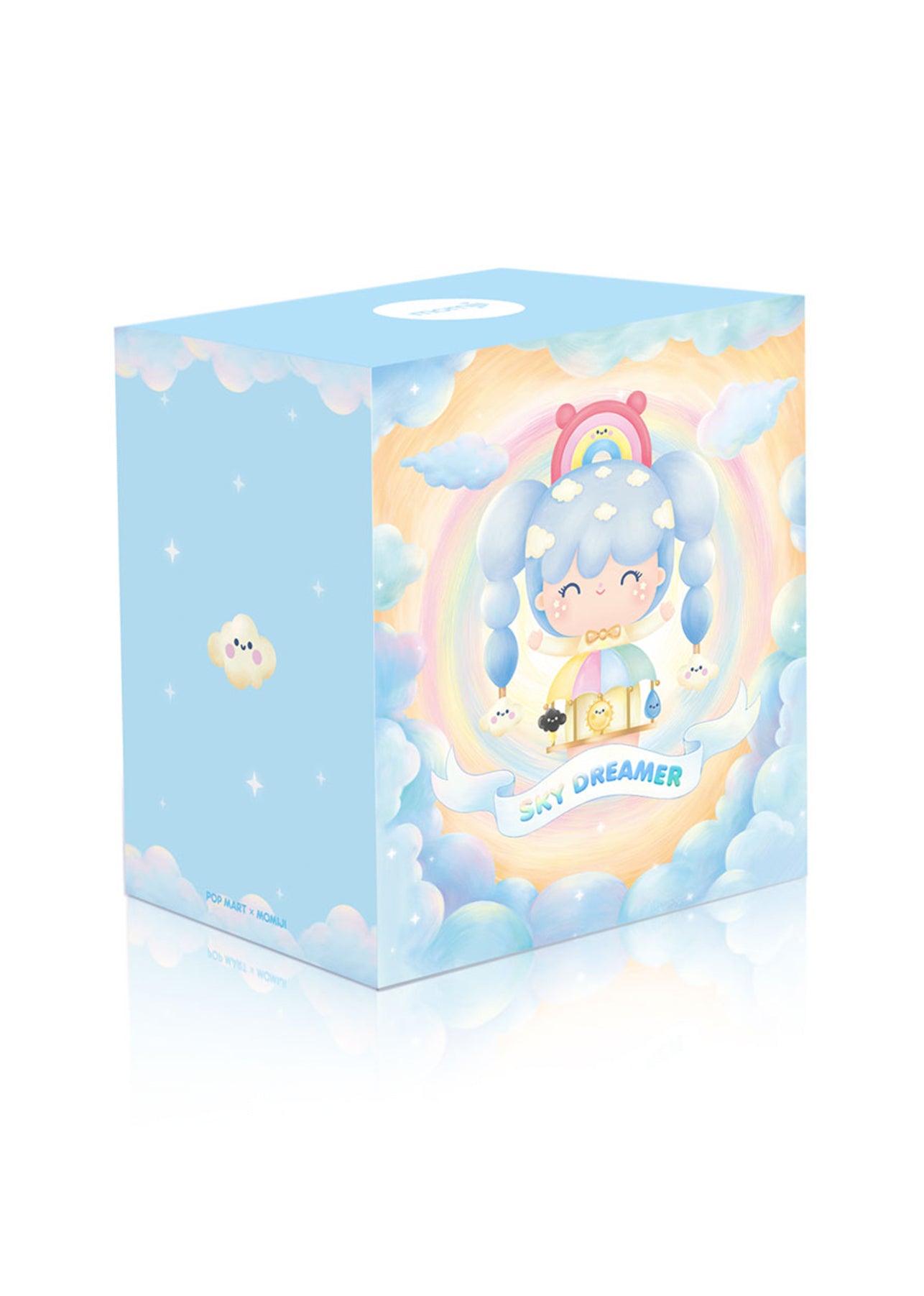 A pastel Pop Mart box with cartoon clouds and the blue-haired Sky Dreamer Momiji doll illustrated on the front. — Momiji Doll