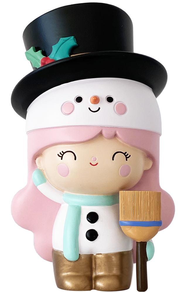 Snowphie Momiji doll with pink hair, snowman outfit, top hat, and broom; smiling happily. 2020 kawaii collectible character. — Momiji Doll