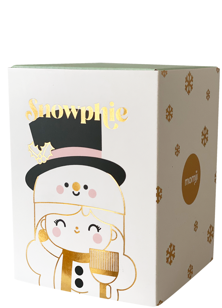 Snowphie Momiji doll box: white with gold snowflakes and a snowman illustration. Collectible, includes space for secret note. — Momiji Doll