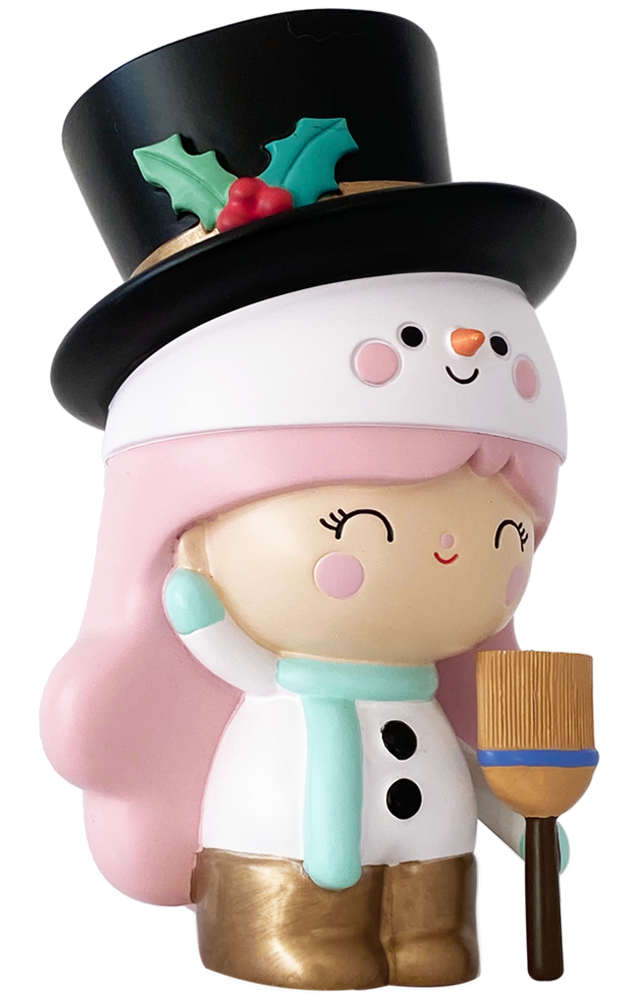 Snowphie Momiji doll with pink hair, snowman hat, striped scarf, and broom; festive collectible from Christmas 2020. — Momiji Doll