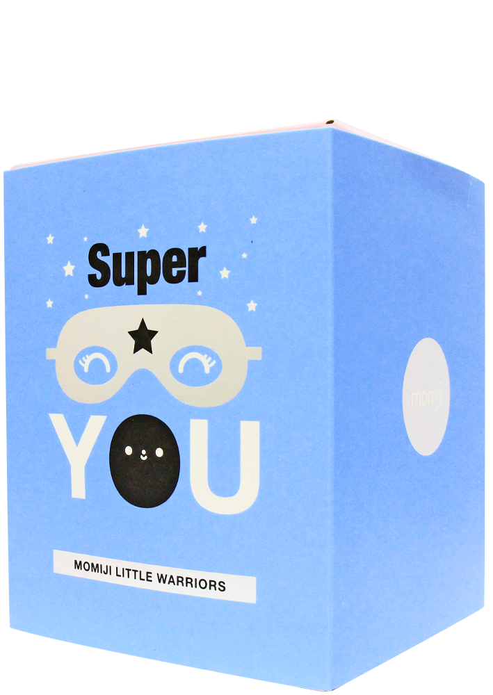 Blue box featuring superhero mask, "Super You" text, and kawaii Momiji doll Little Warriors label at the bottom. — Momiji Doll