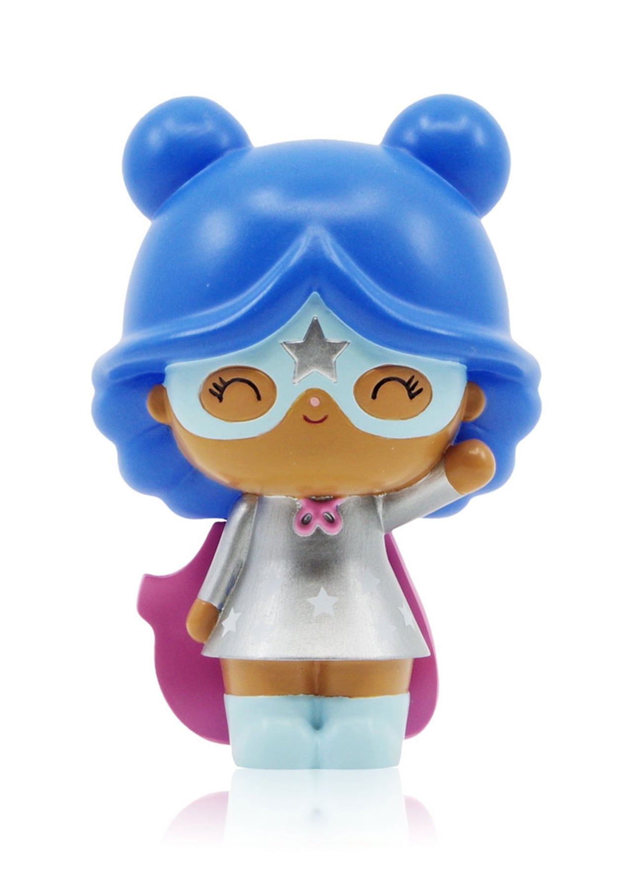 Super You Momiji doll with blue hair, star mask, silver suit, pink cape; smiling and waving. — Momiji Doll
