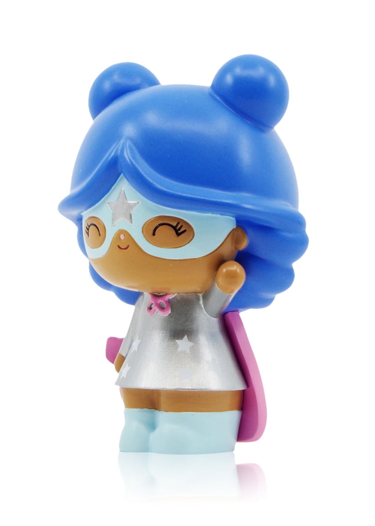 Super You Momiji doll with blue hair, silver superhero suit, pink cape and boots. Secret message slot in base. — Momiji Doll