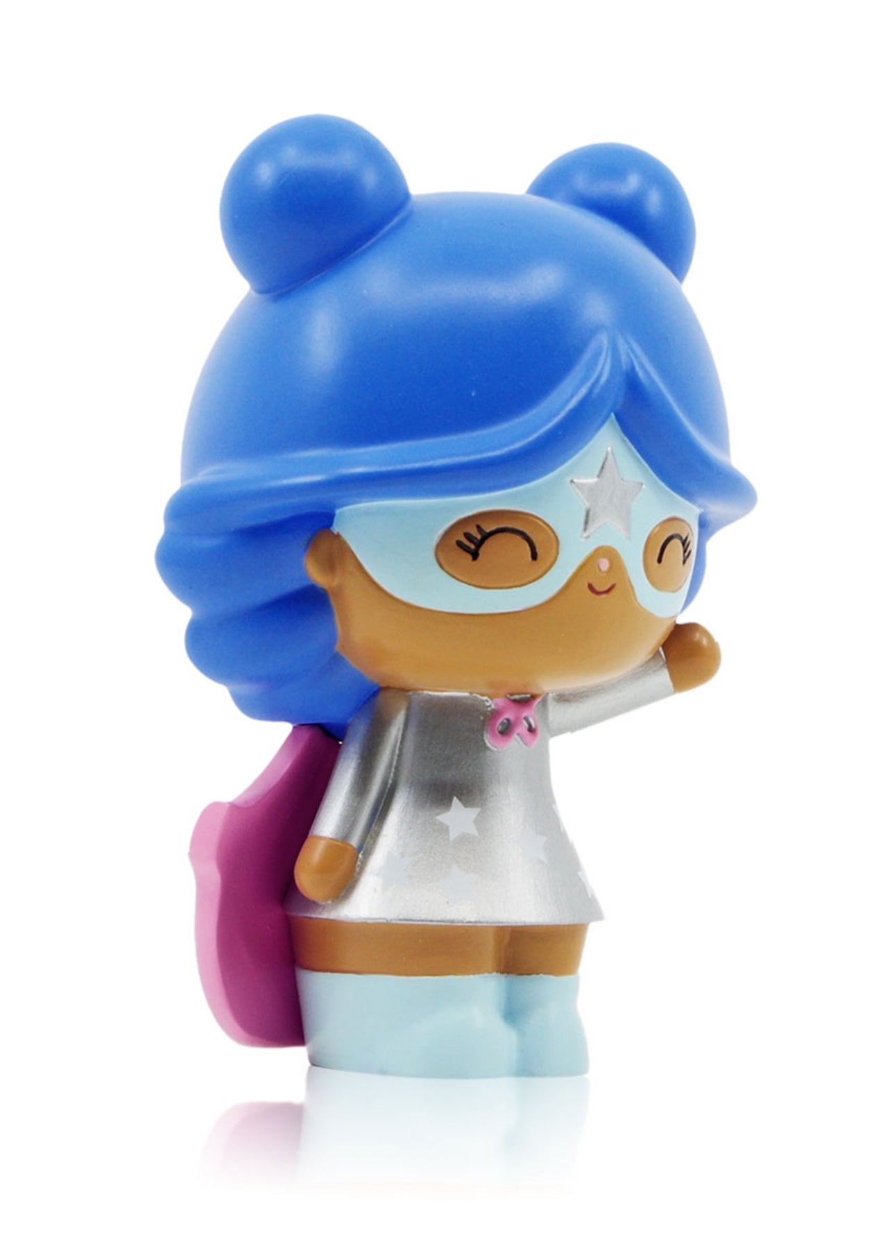 Super You Momiji doll with blue hair, glasses, silver star suit, blue mask, pink cape, and a confident hero pose. — Momiji Doll