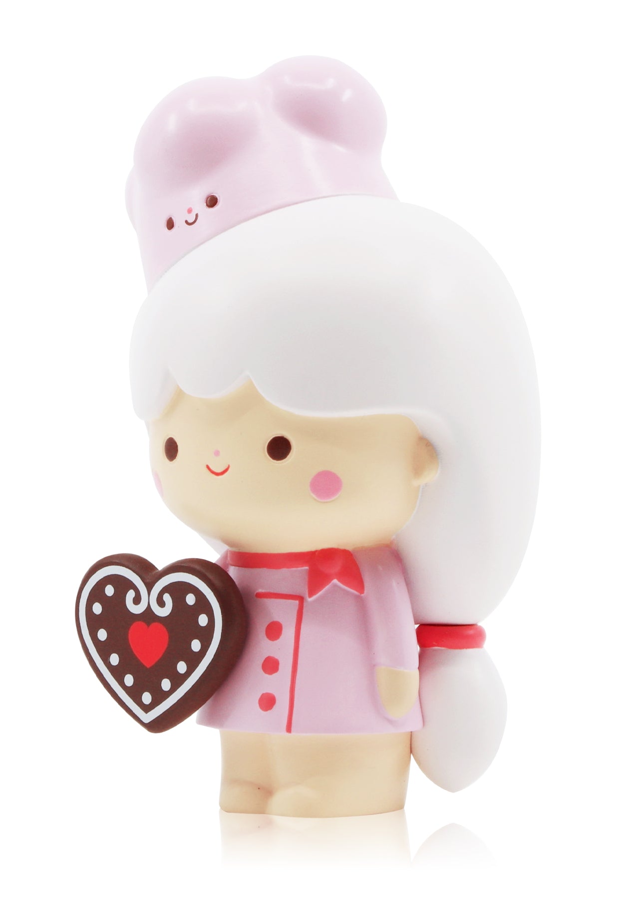 Sweetie Momiji doll: Smiling girl in pink chef hat holding heart-shaped chocolate, pastel details, secret message inside. — Momiji Doll