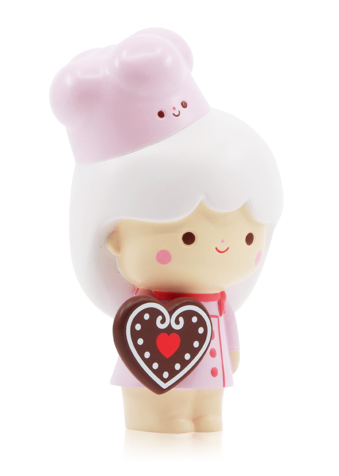 Sweetie Momiji doll with white hair, pink chef hat, and holding a heart cookie—adorable collectible kitchen companion. — Momiji Doll