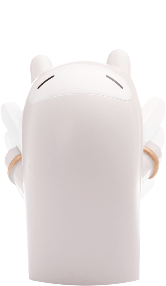 Bravery Momiji doll coin bank: white, smiling character with wings, seen from the front, collectible and cute. — Momiji Doll