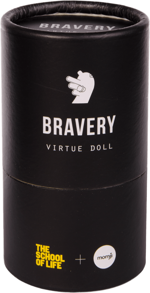 A black cylindrical box labeled Bravery, featuring a kawaii Momiji doll design by The School of Life and Momiji. — Momiji Doll