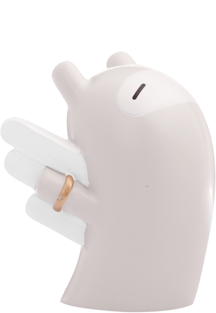 Bravery Momiji doll: curved, minimalist kawaii pig with closed eyes, soft pink tones, and secret message slot underneath. — Momiji Doll