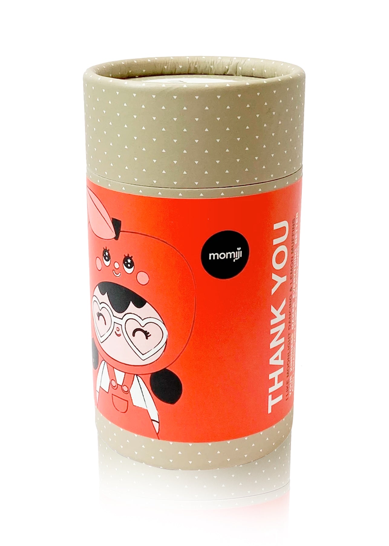 Beige cylinder gift box for Momiji doll, cute character art, red "Thank You" label—perfect collectible for Momiji fans. — Momiji Doll