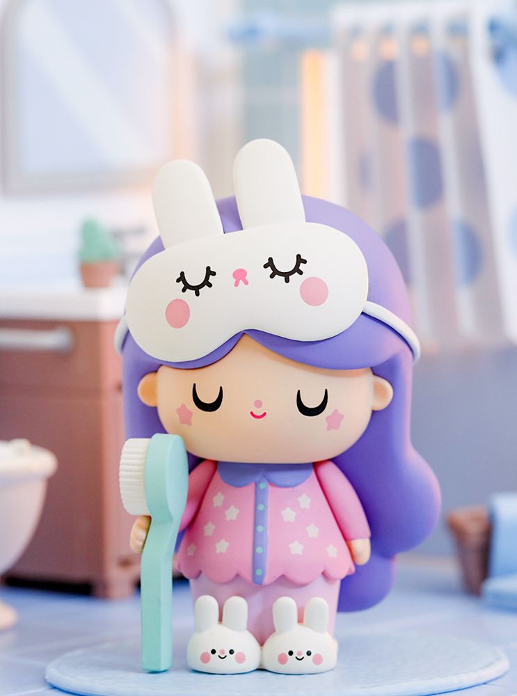 Perfect Partners - Smile: Momiji doll with purple hair in bunny pajamas holds a toothbrush, standing in a bathroom. — Momiji Doll
