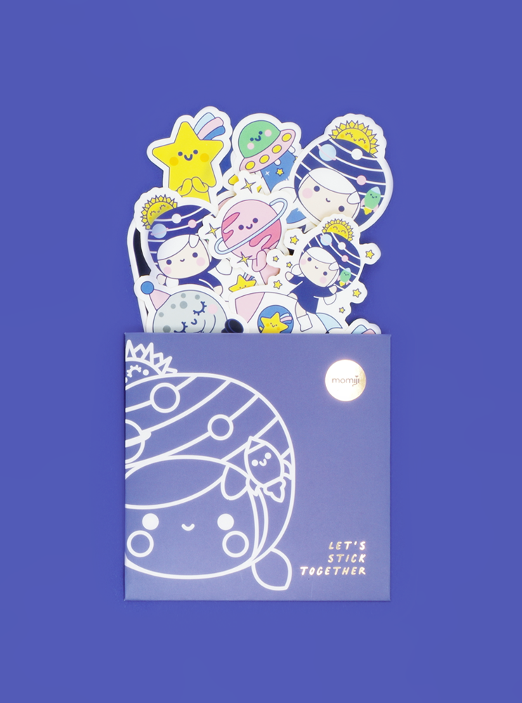 Going Places Stickers: a blue envelope with Momiji doll artwork and playful die-cut stickers featuring kawaii Momiji characters. — Momiji Doll