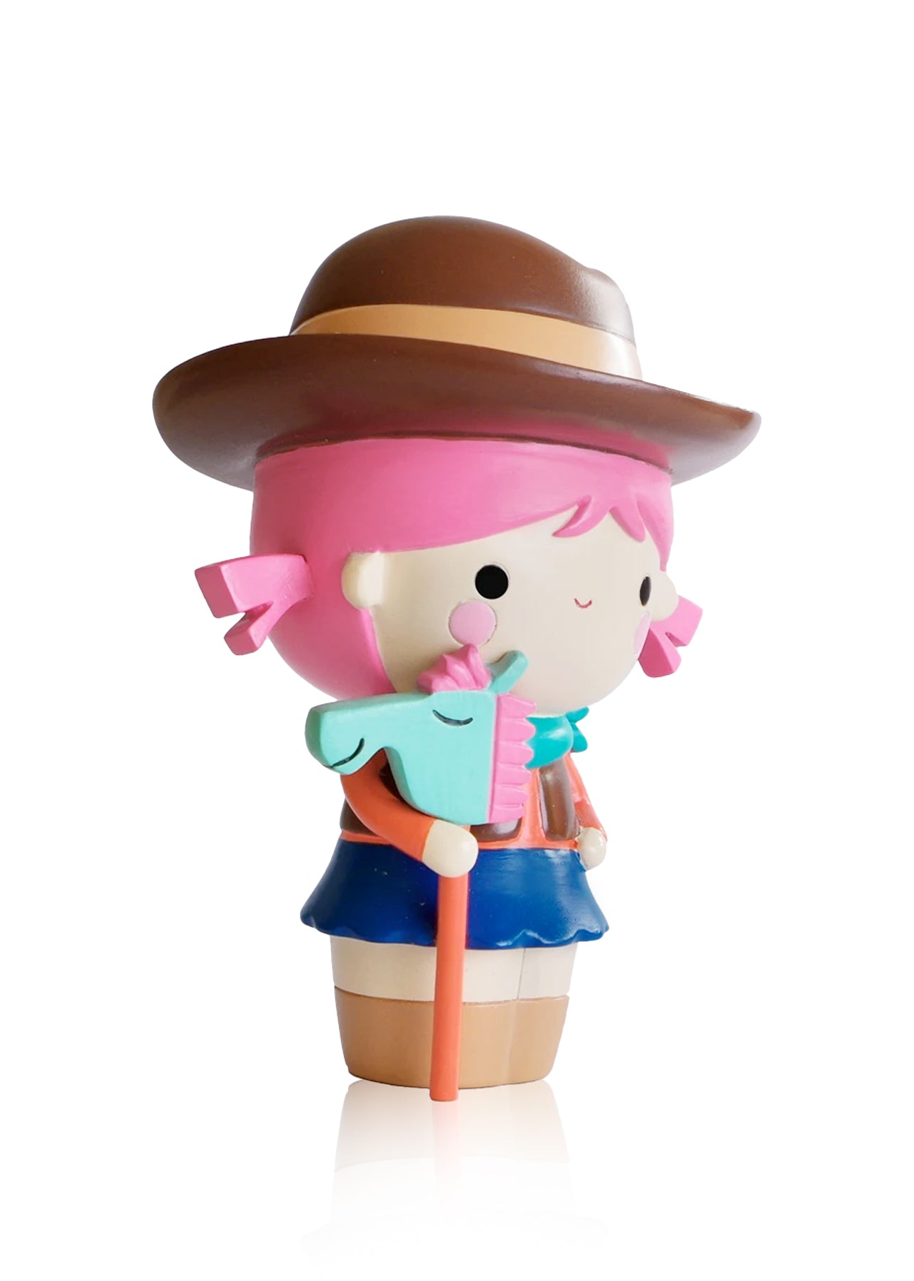 Yeehaa Momiji doll with pink hair, brown hat, blue outfit, and staff stands on a white background. Secret message inside. — Momiji Doll