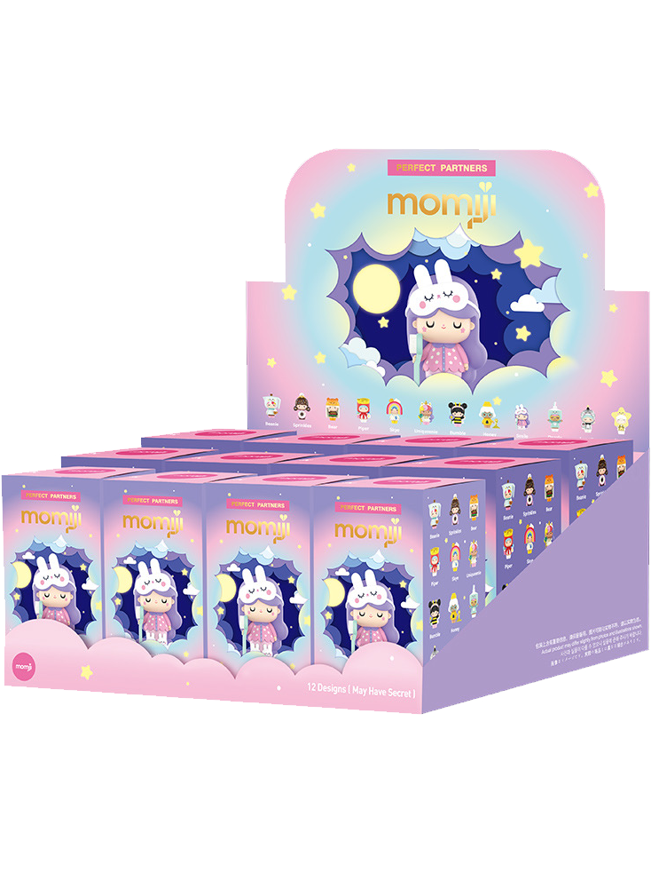 Display box of Perfect Partners Bumble Momiji dolls in pastel shades, stars, moon, and Bumble character art on the packaging. — Momiji Doll