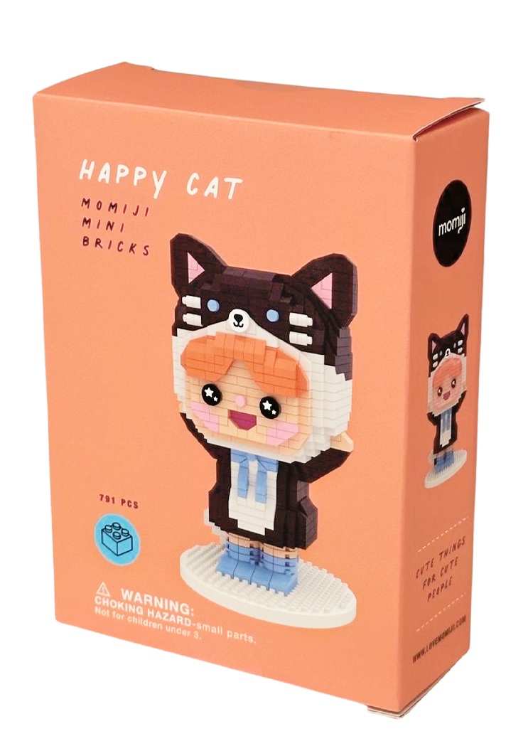 A pink Happy Cat Mini Bricks box displays a Momiji doll in a cute cat costume on the front. — Momiji Doll