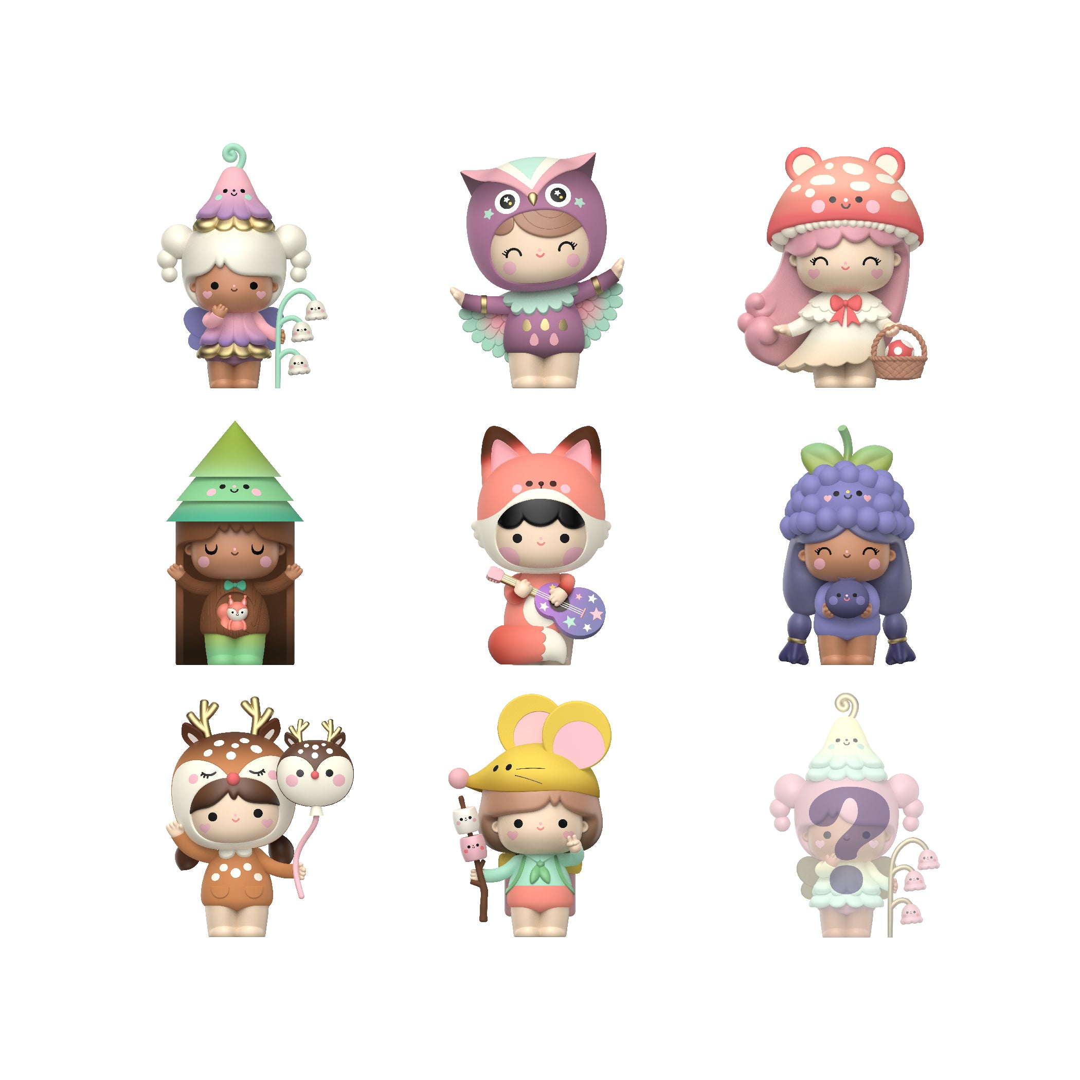 Set of 8 Sugar Plum Momiji dolls in pastel costumes, each with a lantern. Blind box collectible. Secret message inside each. — Momiji Doll