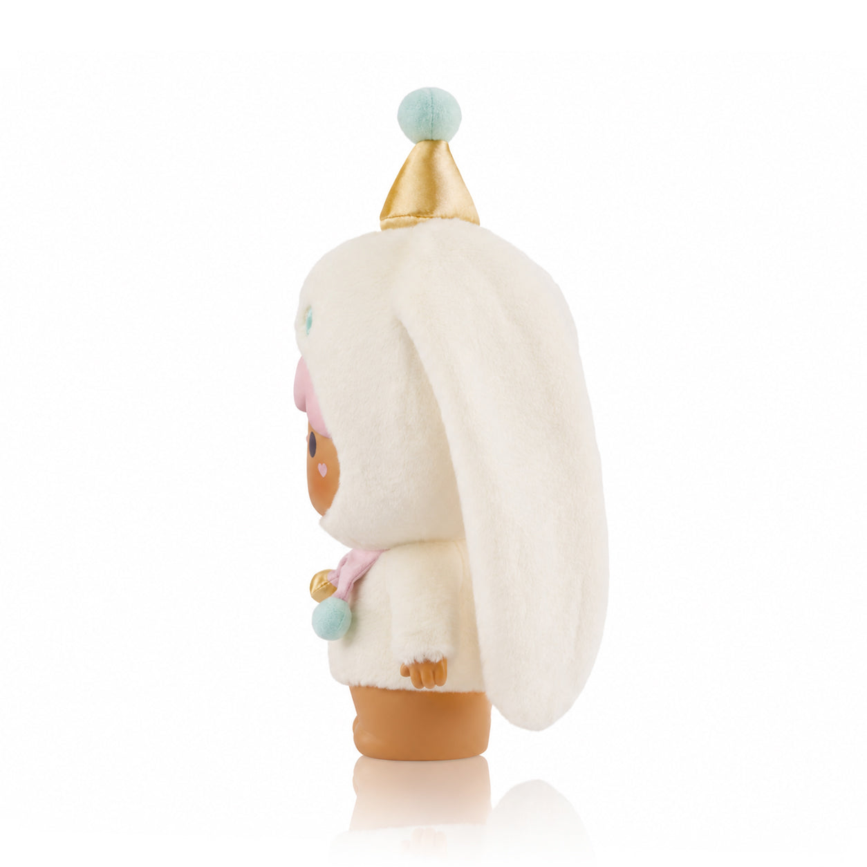 Side view of Bonbon Butterkins Sugar Plum Momiji doll in a white bunny suit, pink ribbon, posable arms, collector’s edition. — Momiji Doll