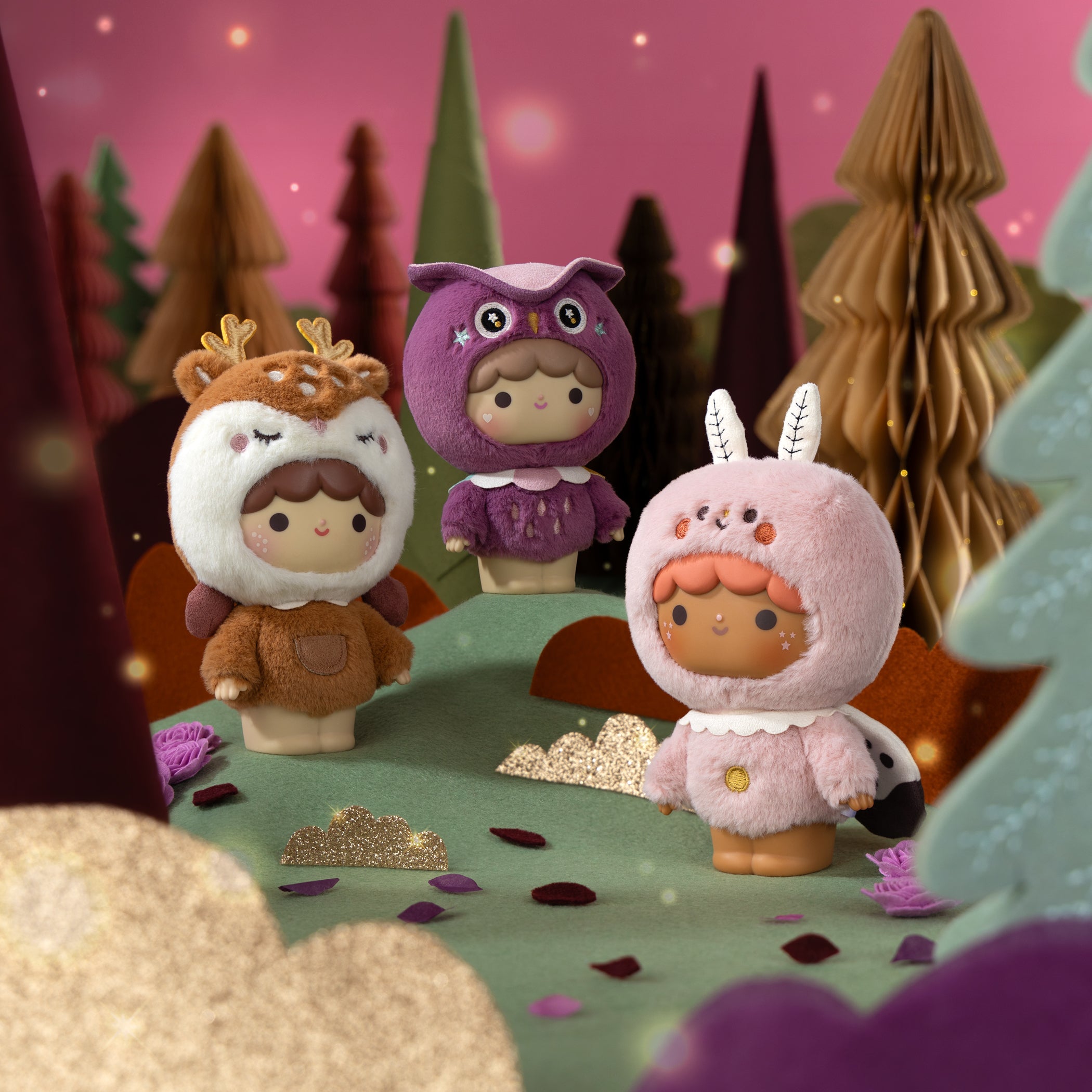 Sugar Plum Momiji doll set of 6 stands on a whimsical landscape with pastel outfits, dreamy pink sky in the background. — Momiji Doll