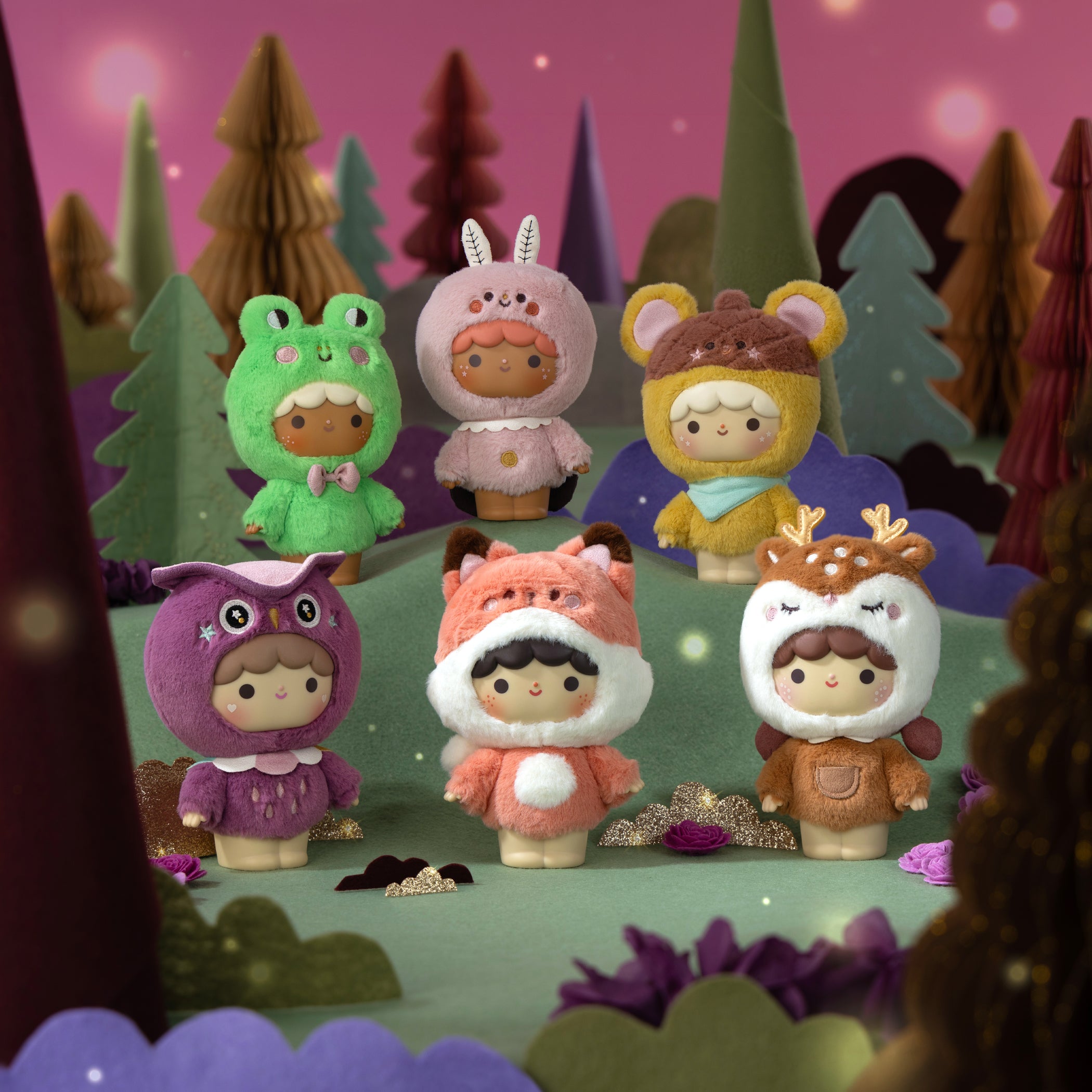 Set of 6 Sugar Plum Momiji dolls dressed in adorable animal costumes; each collectible hides a secret message inside. — Momiji Doll