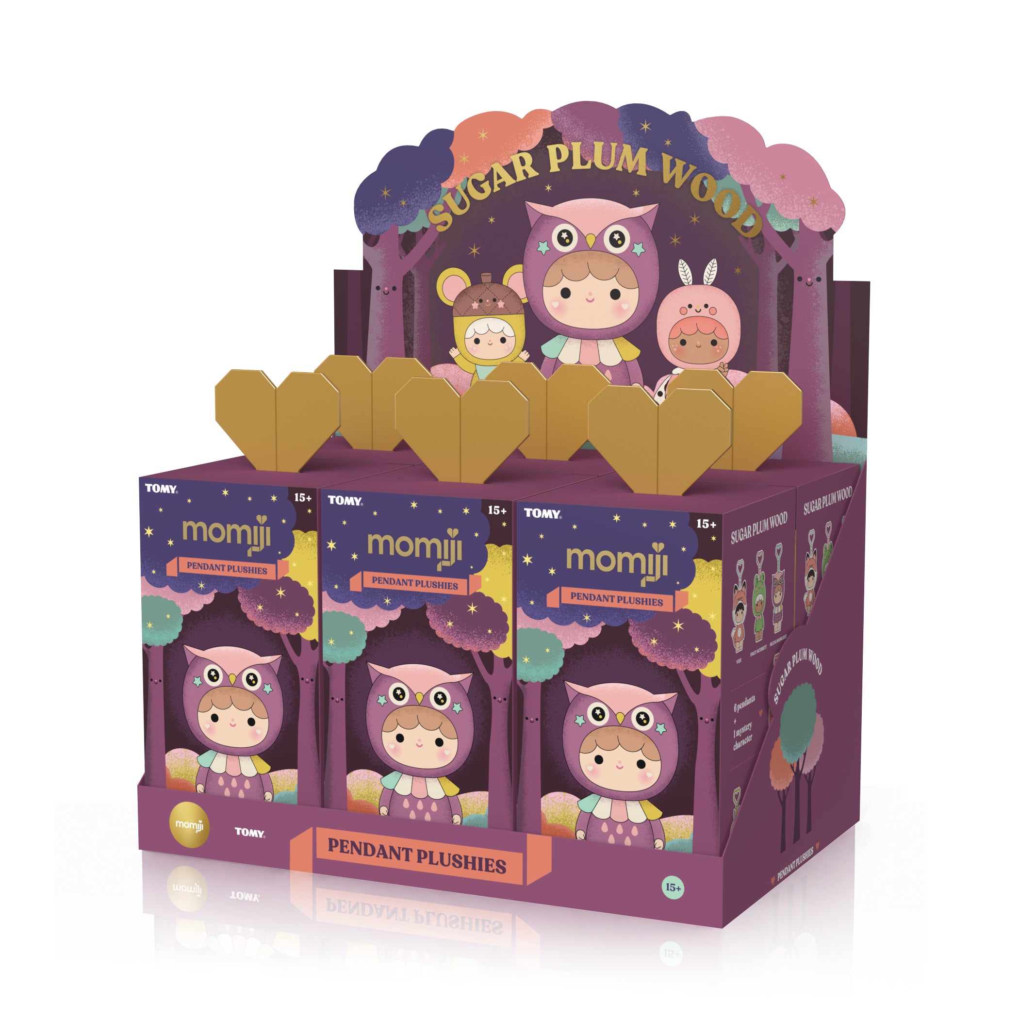 Display box of Sugar Plum Momiji doll blind boxes, showing 6 kawaii collectible animal Momiji dolls on pastel packaging. — Momiji Doll