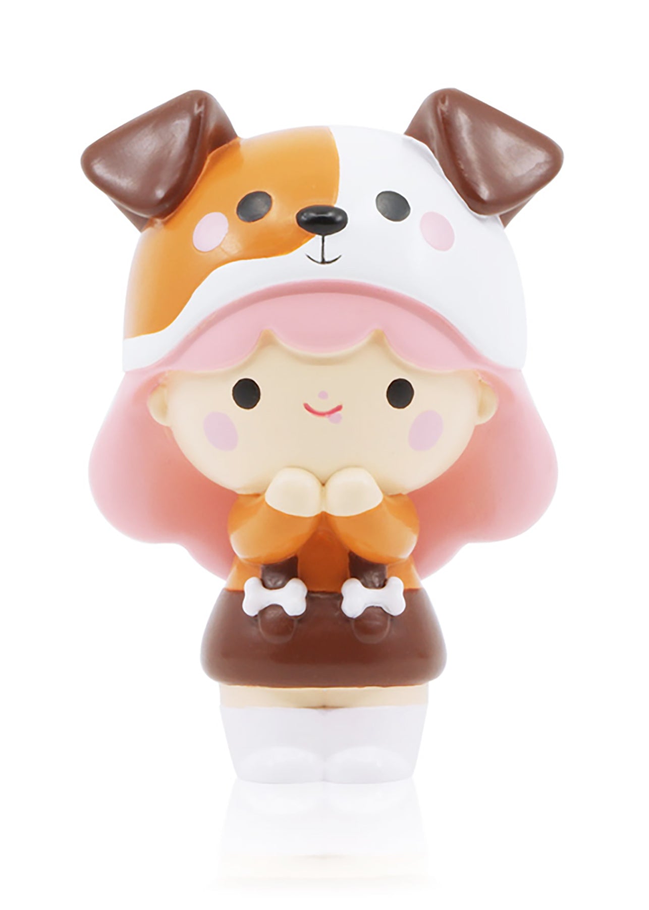 BFF Momiji doll with pink hair, a dog hat, and a brown outfit decorated with bones, smiling cheerfully. — Momiji Doll