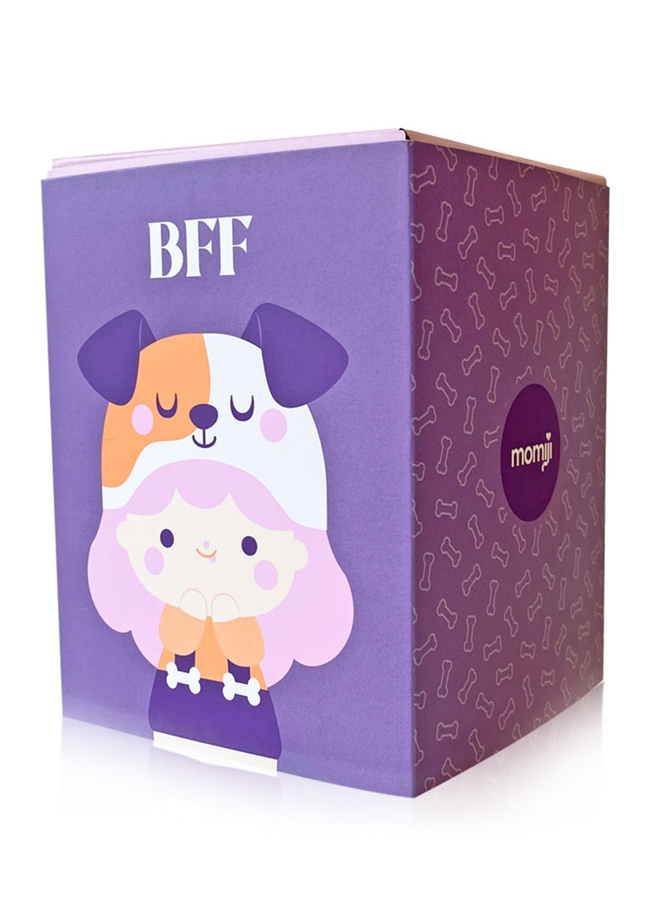 Purple BFF box featuring a Momiji doll girl in a dog hat, surrounded by cartoon bones, with "BFF" above. — Momiji Doll