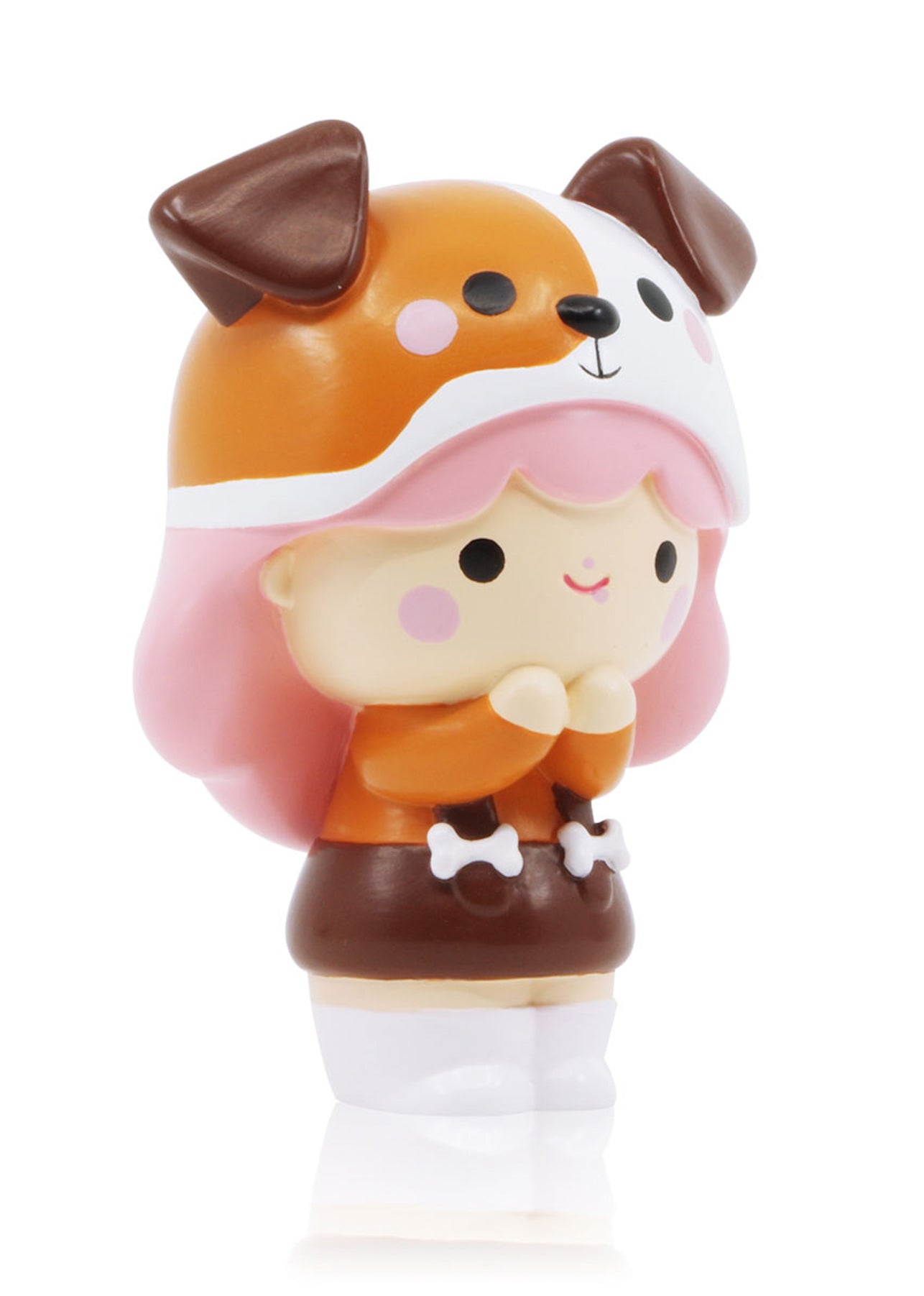 BFF Momiji doll with pink hair, smiling, wearing a brown dog hat and holding her hands up near her face. — Momiji Doll