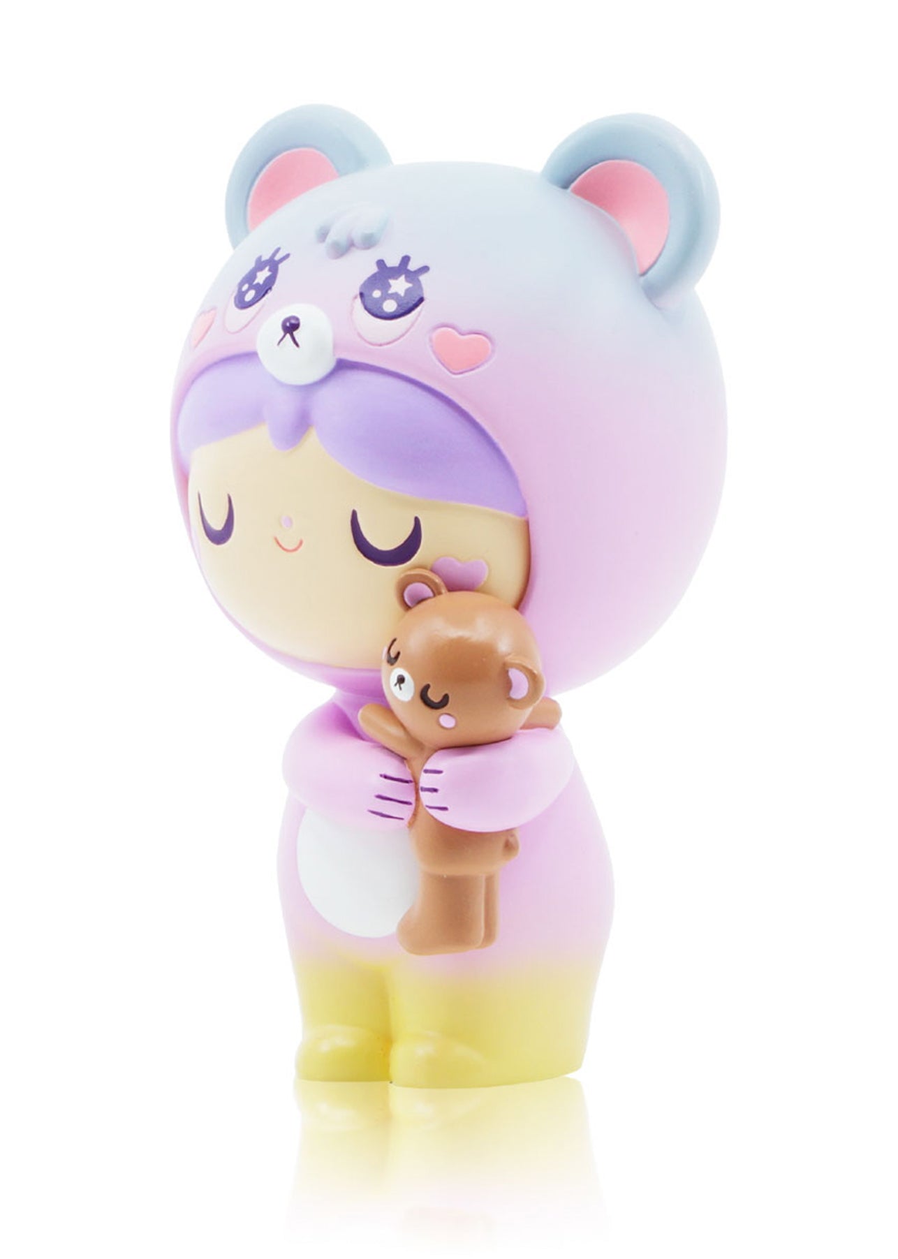 Bear Hugs Momiji doll in a pastel bear costume hugs a teddy bear, eyes closed, with kawaii details and soft colors. — Momiji Doll
