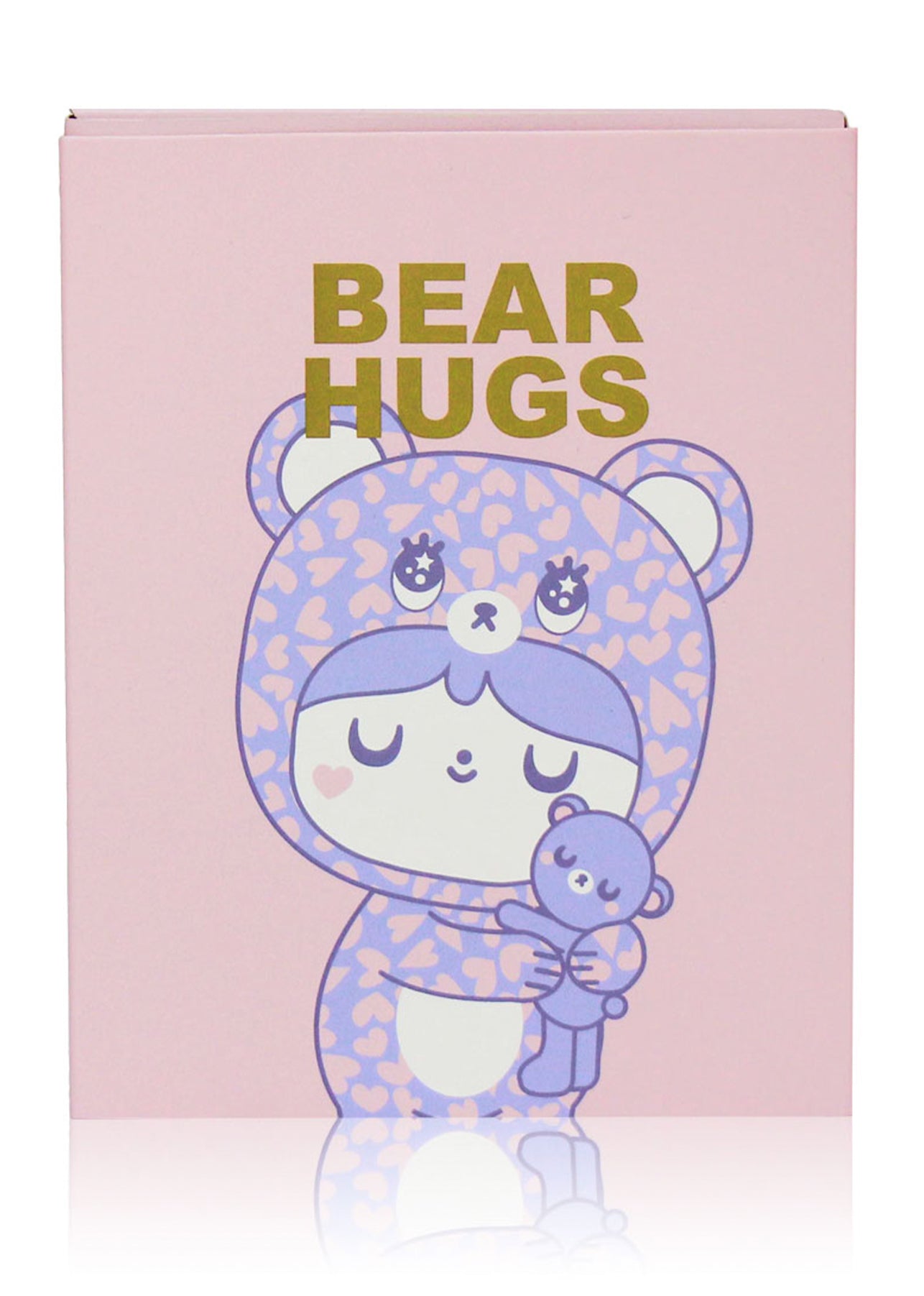 Momiji doll "Bear Hugs" in a brown bear suit holds a teddy, with the name glowing above; kawaii collectible with secret message. — Momiji Doll
