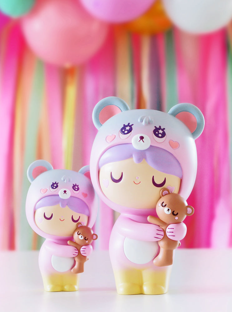 Bear Hugs Momiji doll set: large and small pastel dolls holding teddy bears, with balloons and streamers. Secret note inside. — Momiji Doll