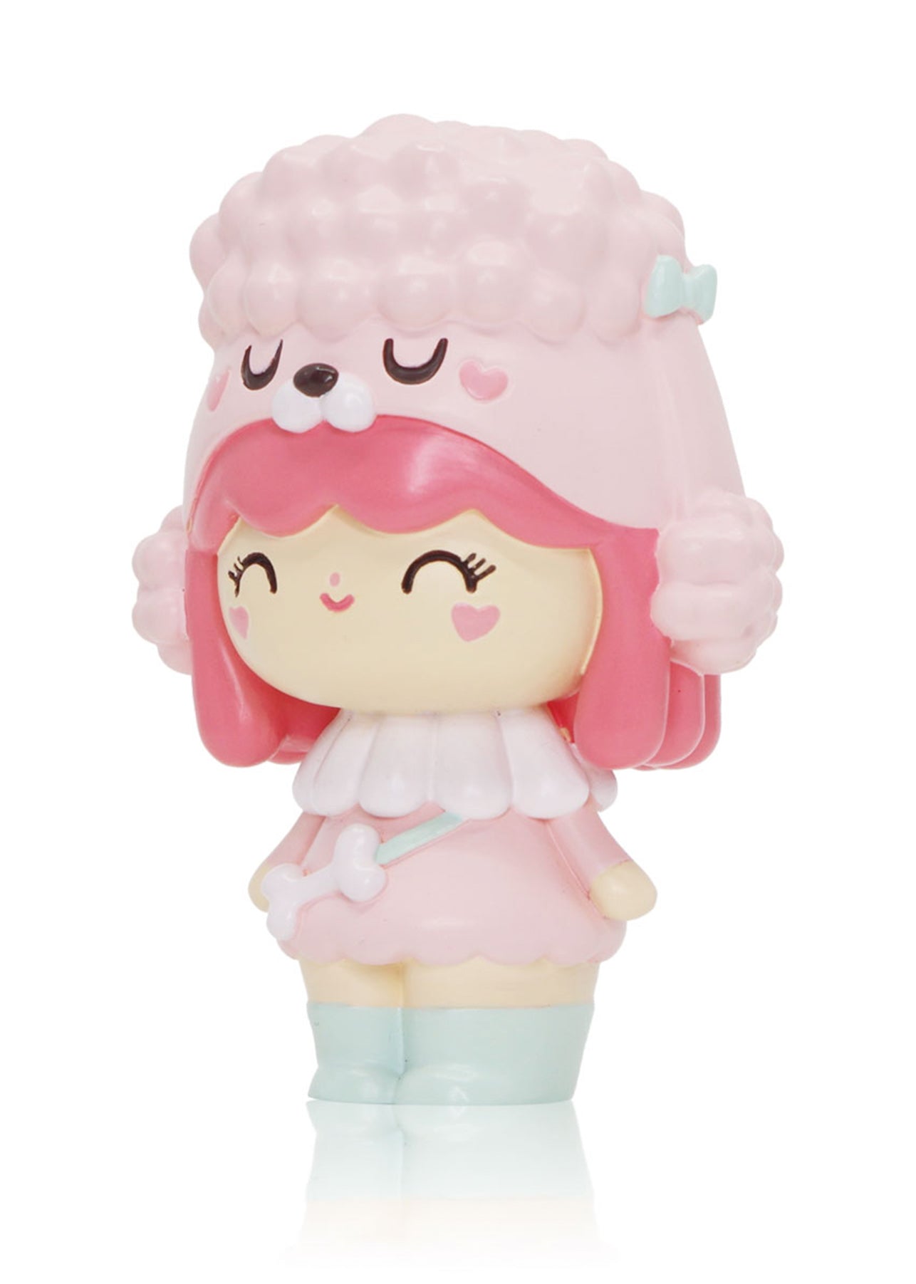 Best Friends Momiji doll with pink hair, heart on cheek, poodle hat, pastel dress and blue boots. Collectible with secret message. — Momiji Doll