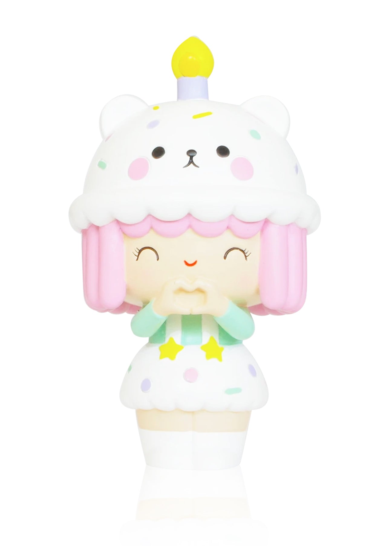 Birthday Girl Momiji doll with pink hair, white bear hat topped with a candle, and starry polka dot dress. — Momiji Doll