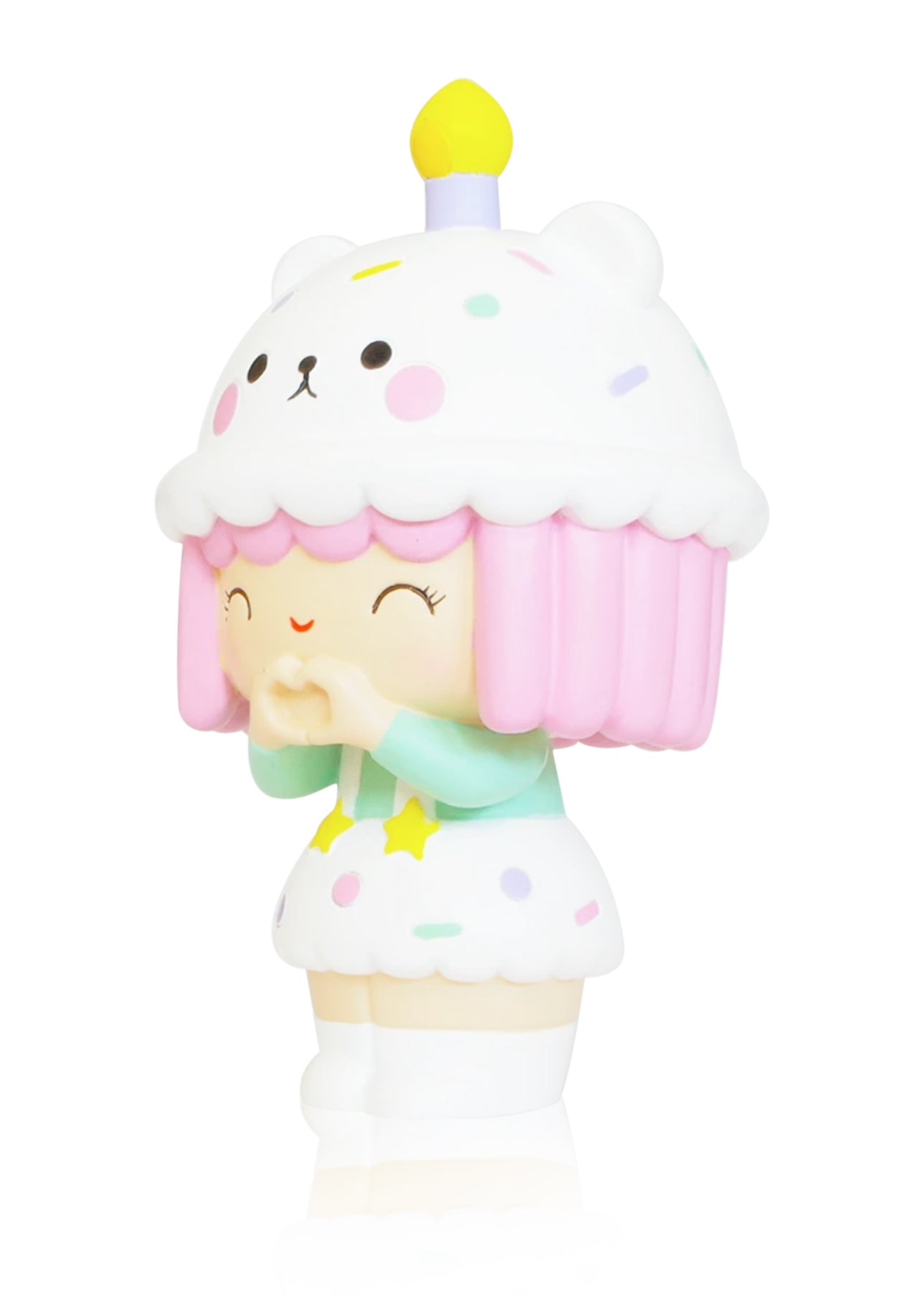 Birthday Girl Momiji doll with pink hair, cupcake hat, white dress, smiling and holding her hands near her cheeks. — Momiji Doll