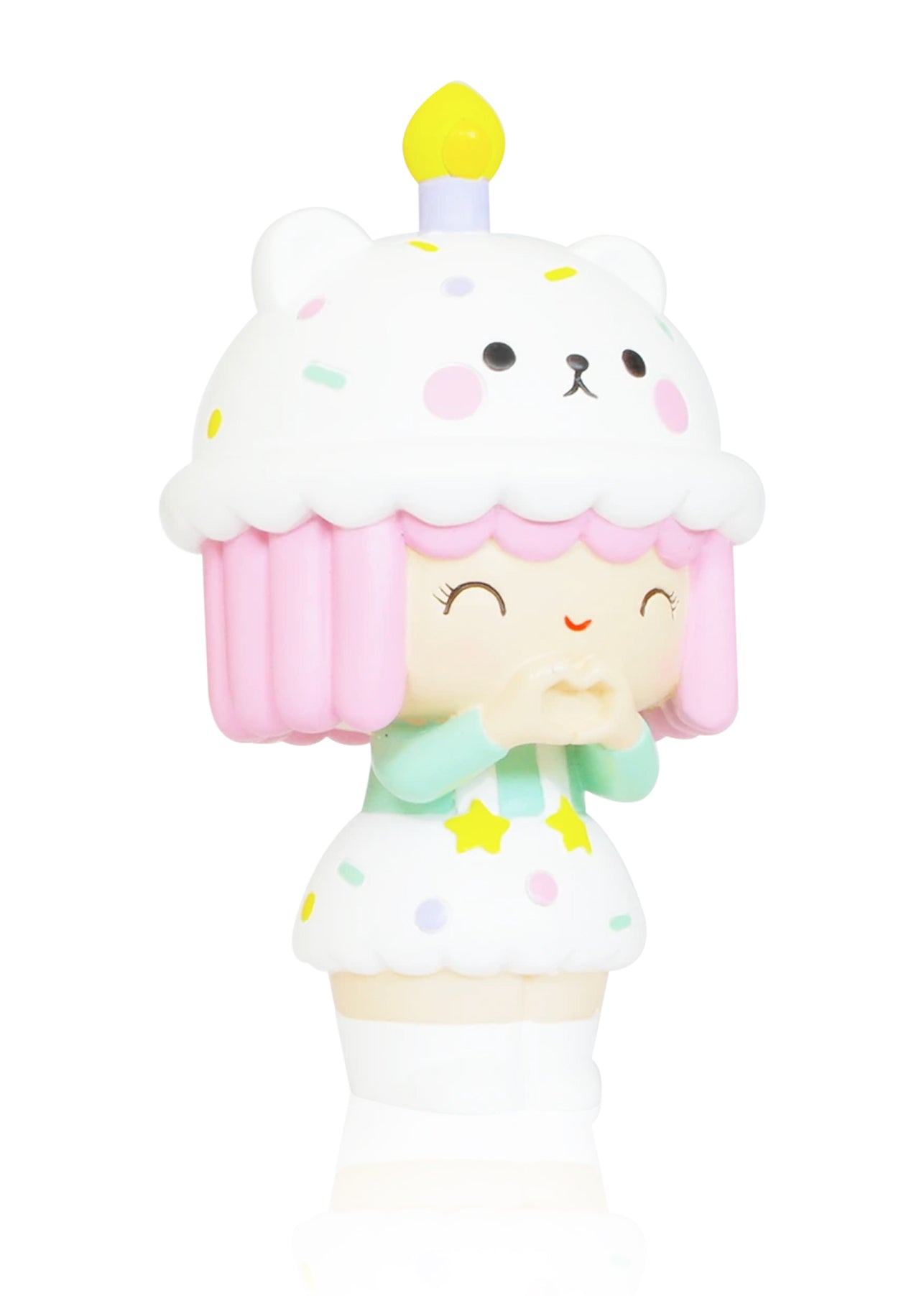Birthday Girl Momiji doll with pink hair, bear cupcake hat, star dress; hands to chest and smiling; hides a secret message inside. — Momiji Doll