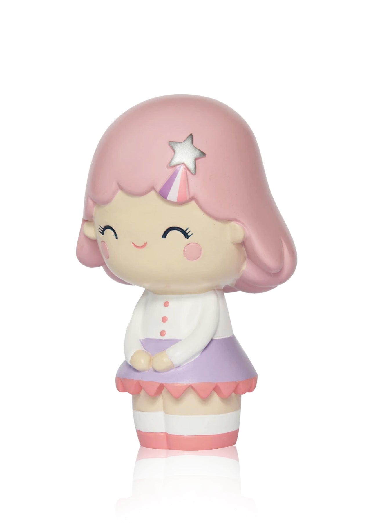 Birthday Girl Rose Momiji doll with pink hair, star headband, white-purple outfit, smiling face. Cute pastel collectible toy. — Momiji Doll