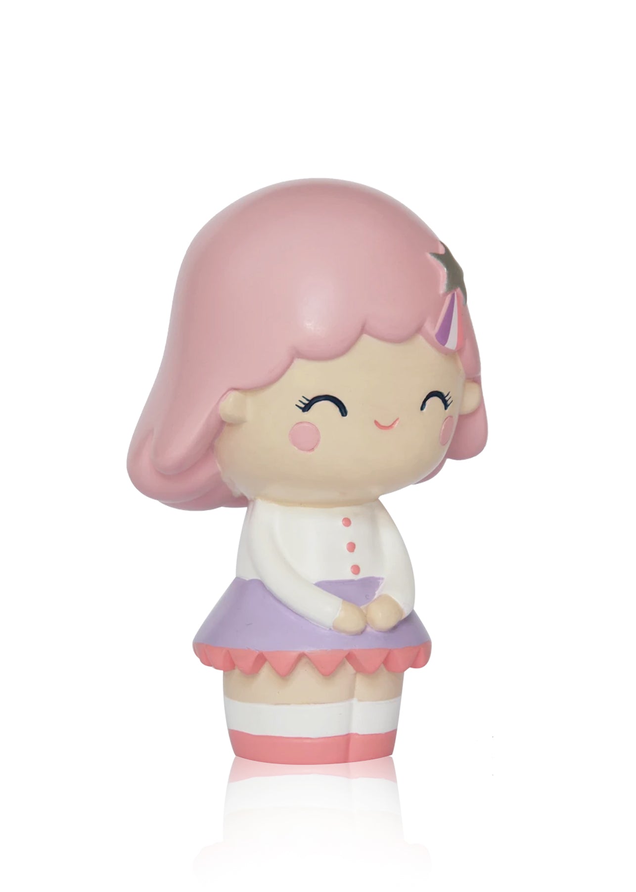 Birthday Girl Rose Momiji doll with pink hair, star hair clip, white shirt, purple skirt, and a sweet closed-eye smile. — Momiji Doll